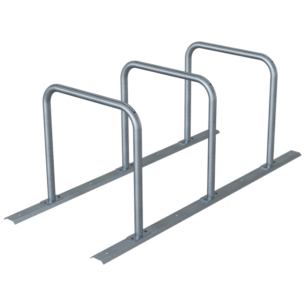 Bicycle rack - row arrangement | lean-on hoop made of steel tube  48 mm | hot-dip galvanized | for 3 bicycles